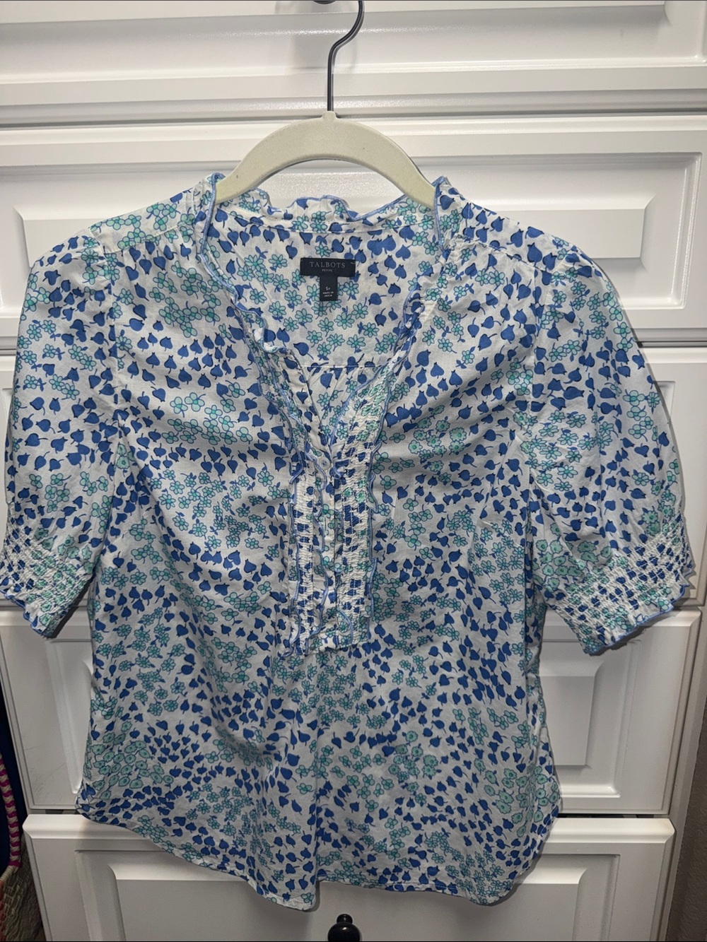 Talbots White Blouse with Blue & Teal Floral Print Small Petite